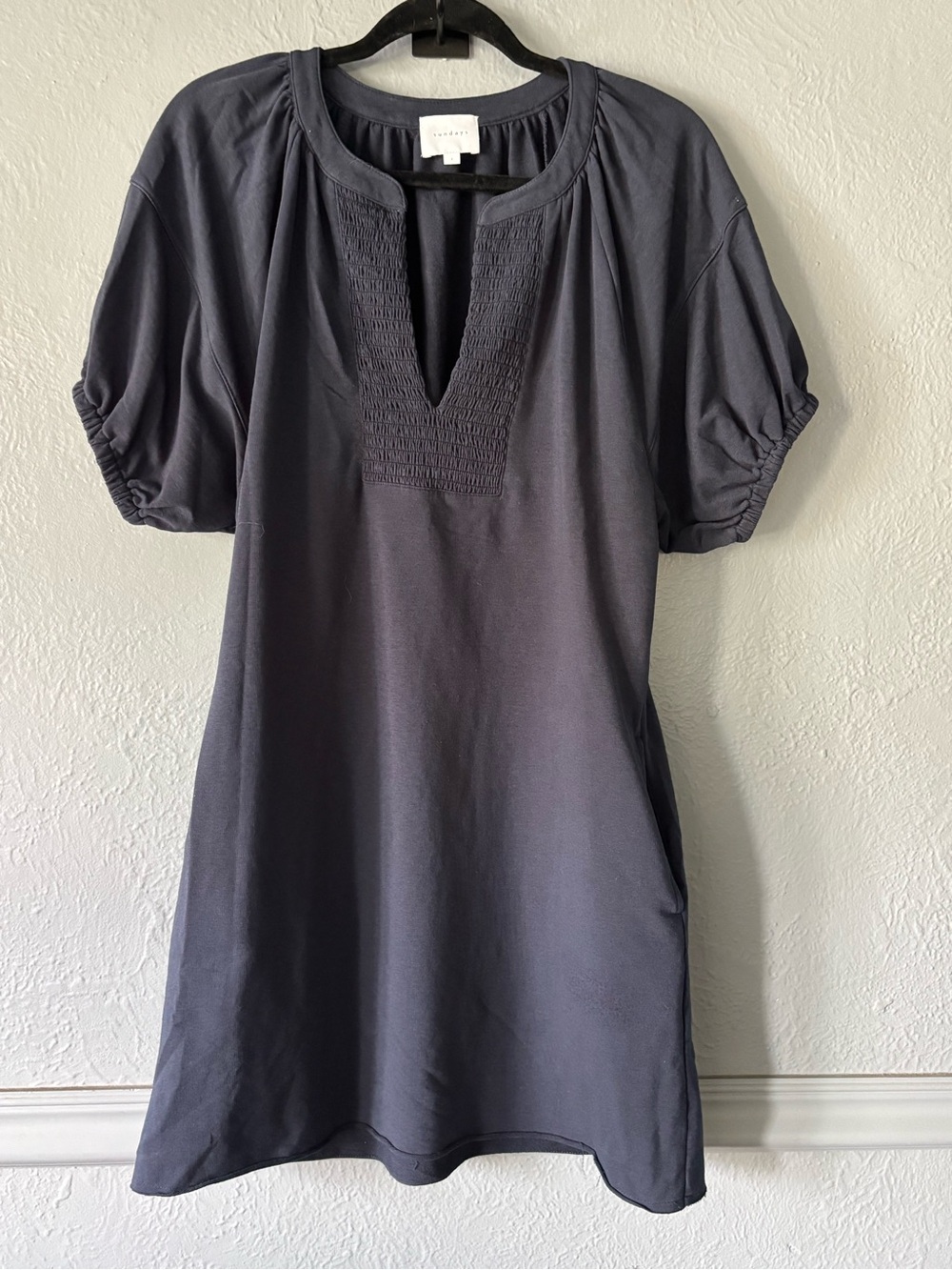 Sundays Smocked Puff Sleeve Cotton Blend Dress Navy Size 1